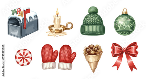Festive holiday icons: cozy winter elements and christmas decorations