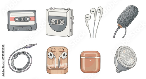 Retro and modern audio equipment collection in hand-drawn style