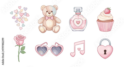 Cute pastel elements with teddy bear, cupcake, and heart-shaped lock in watercolor style