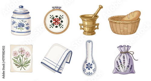 Charming watercolor kitchen and craft elements with floral accents