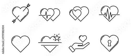 Collection of heart icons representing love health and security in a simple line art