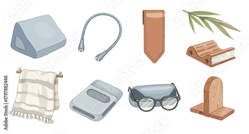 Cozy home library items collection in soft pastel tones