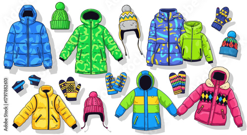 Colorful cartoon illustration of various winter jackets, hats, and mittens, designed for cold weather.