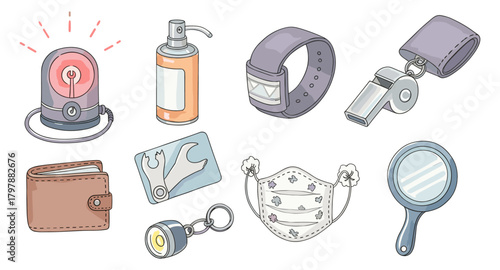 Essential everyday items: watercolor icons of gadgets, tools, and accessories