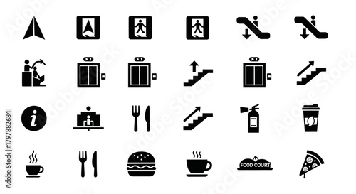 Collection of black and white icons representing various public service elements.