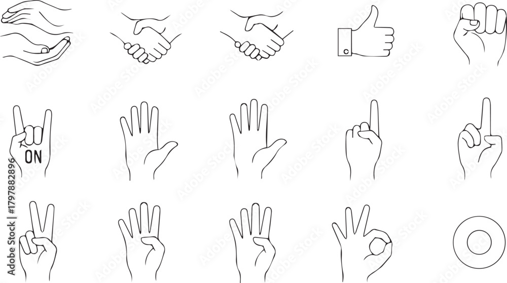 Fototapeta premium Assortment of hand gesture icons, including thumbs up, shaking hands, and pointing fingers