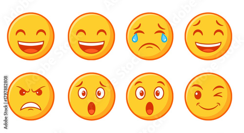 A collection of various yellow cartoon faces expressing different emotions.