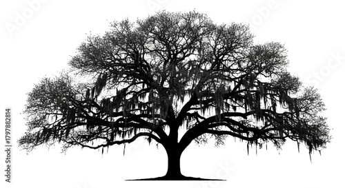 Silhouette of a large, majestic oak tree with hanging Spanish moss against white background.