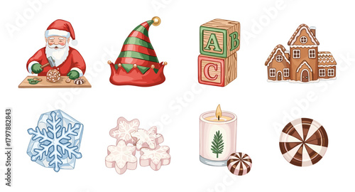 Christmas holiday icons: santa, elf hat, gingerbread house, snowflake, candy, candle