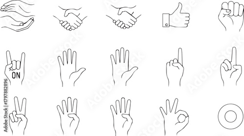 Assortment of hand gesture icons, including thumbs up, shaking hands, and pointing fingers