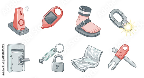 Personal safety items and tools in watercolor style