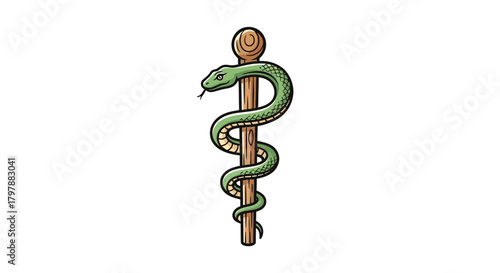 A green snake coiled around a wooden staff, a symbol often associated with medicine and healing.