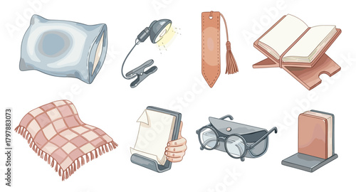 Cozy reading essentials: pillow, lamp, bookmark, open book, and more in watercolor style