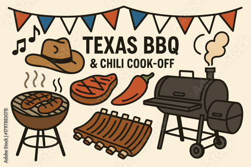 Hand drawn texas bbq and chili cook off celebration with food and decorations