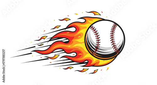 A baseball engulfed in flames, illustrating speed and motion against a white background.