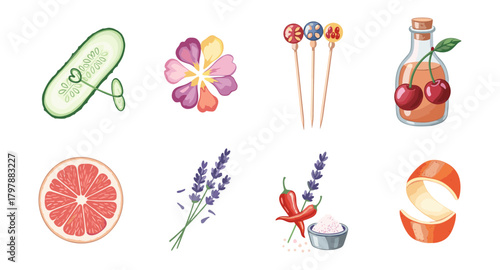 Hand-drawn spa ingredients and icons with pastel colors