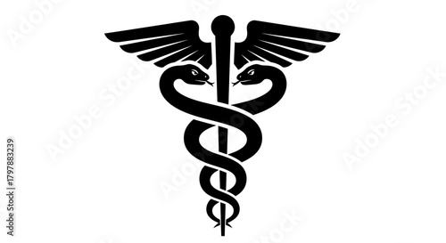 Black and white rendering of the Caduceus symbol, featuring two snakes entwined around a winged staff.