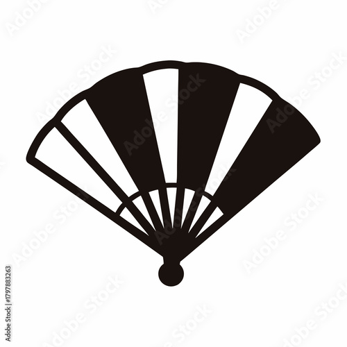Black and white image of a hand fan icon with a circle base