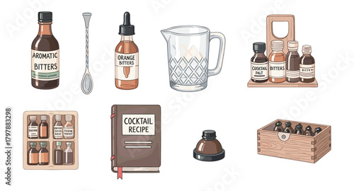 Cocktail mixing essentials: bitters, recipe book, and glass jug in watercolor style