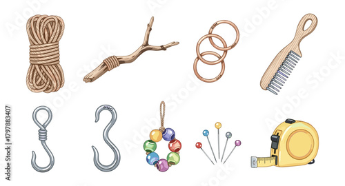 Collection of everyday craft and diy tools in watercolor style