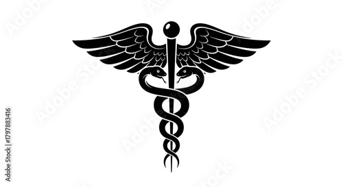 Black and white depiction of a Caduceus symbol, featuring two snakes entwined around a winged staff.