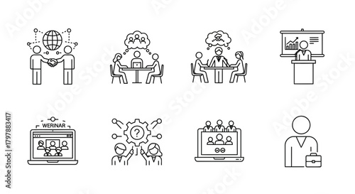 Collection of line art illustrations depicting business meetings, presentations, and teamwork.