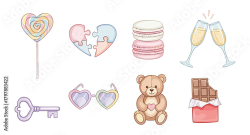 Cute romantic elements: candy, heart, bear, and celebration icons on white