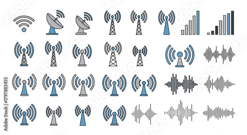 Collection of various communication icons, including antennas, waves, and signal bars.