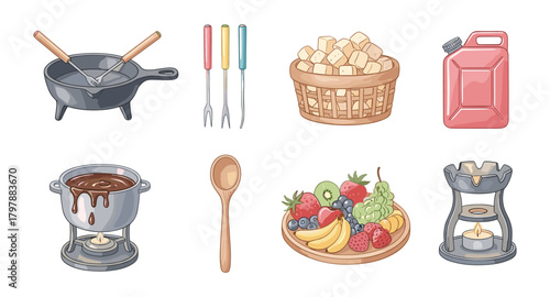 Delicious fondue elements and ingredients in charming cartoon style