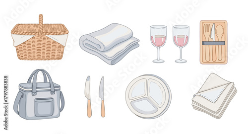 Picnic essentials: basket, blanket, and tableware for outdoor dining enthusiasts
