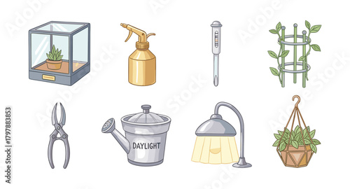 Gardening essentials collection with tools and plants in hand-drawn style