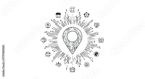 Central location pin surrounded by diverse global symbols and connections, representing widespread influence and network.