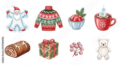 Festive elements collection with santa, sweater, hot drink and holiday bear in whimsical art style