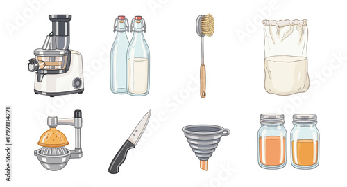 Kitchen essentials collection featuring juicer, glass bottles, cleaning brush, and more