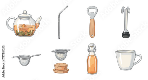 Tea and beverage accessories collection with realistic hand-drawn style