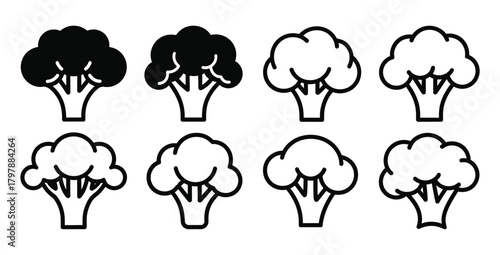 Line art illustration of broccoli florets in varying shades of black and white hues