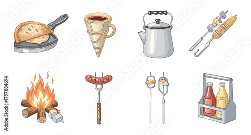 Camping gear and snacks: delightful hand-drawn food and equipment collection