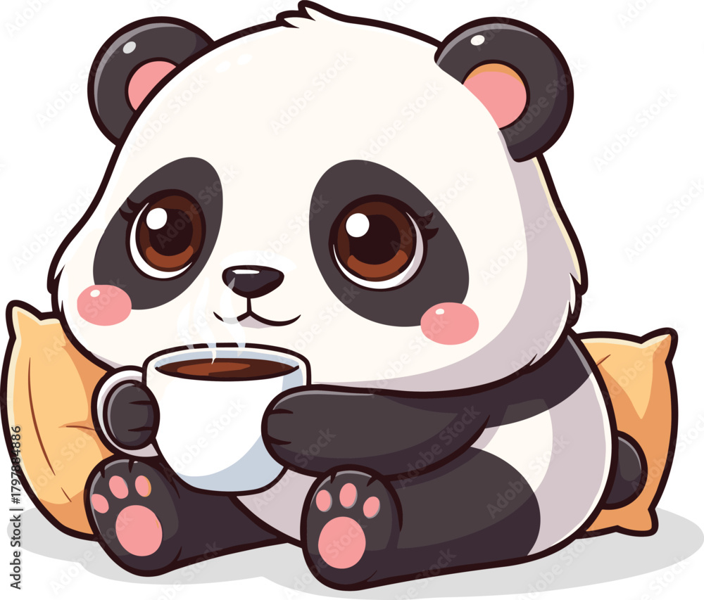 Obraz premium Cartoon Panda Sitting with Coffee Cup Between Pillows on White Background for Cozy Relaxation and Cute Design Themes