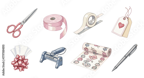 Essential gift wrapping tools and accessories collection in watercolor art style