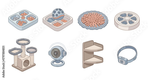 Isometric pet accessories: interactive toys, cat tree, and modern gadgets
