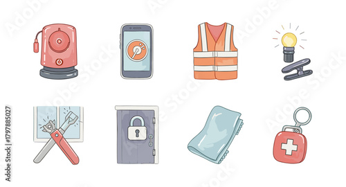 Watercolor safety icons: alarm, phone, vest, and more essential tools