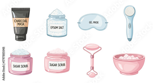 Skincare essentials in watercolor: masks, scrubs, and face tools
