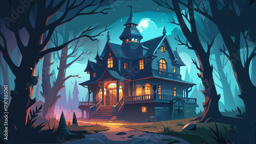 Very beautiful dark Victorian mansion set in a foggy forest at night, with glowing windows casting an eerie light, creating a spooky, haunted house atmosphere full of mystery and suspense.