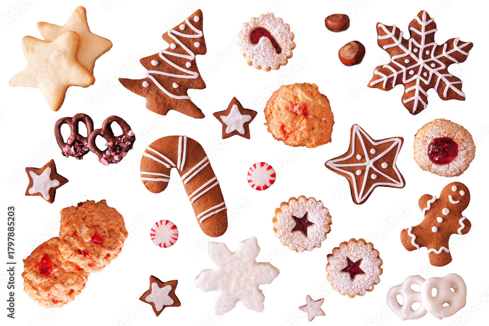 Obraz premium Variety of Christmas cookies and sweets. Top view. Unique items isolated on a transparent background. Holiday baking concept.