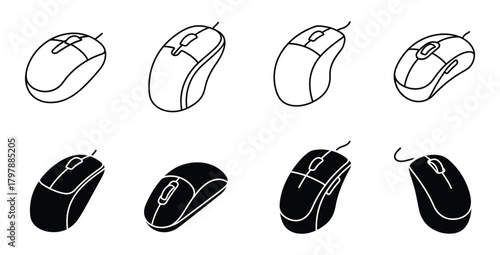 Computer mouse collection in black and white outline style for technology illustrations