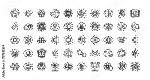 Artificial intelligence and technology management icon set collection. Containing mind, operation, think, networking, intelligence, touch, brain .Line vector icons collection