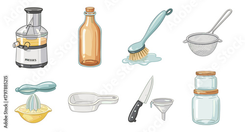 Kitchen utensils collection with juicer and jars in trendy watercolor style