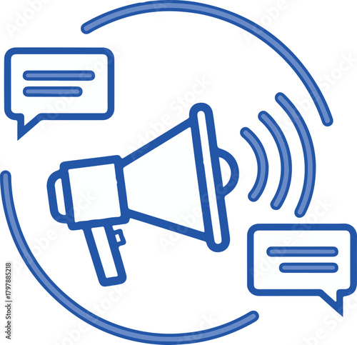 Megaphone icon with speech bubbles, symbolizing announcement and communication