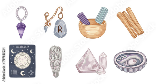 Mystical set with crystals, incense, pendulums, and tarot cards in watercolor art