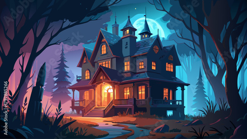 Very beautiful dark Victorian mansion set in a foggy forest at night, with glowing windows casting an eerie light, creating a spooky, haunted house atmosphere full of mystery and suspense.